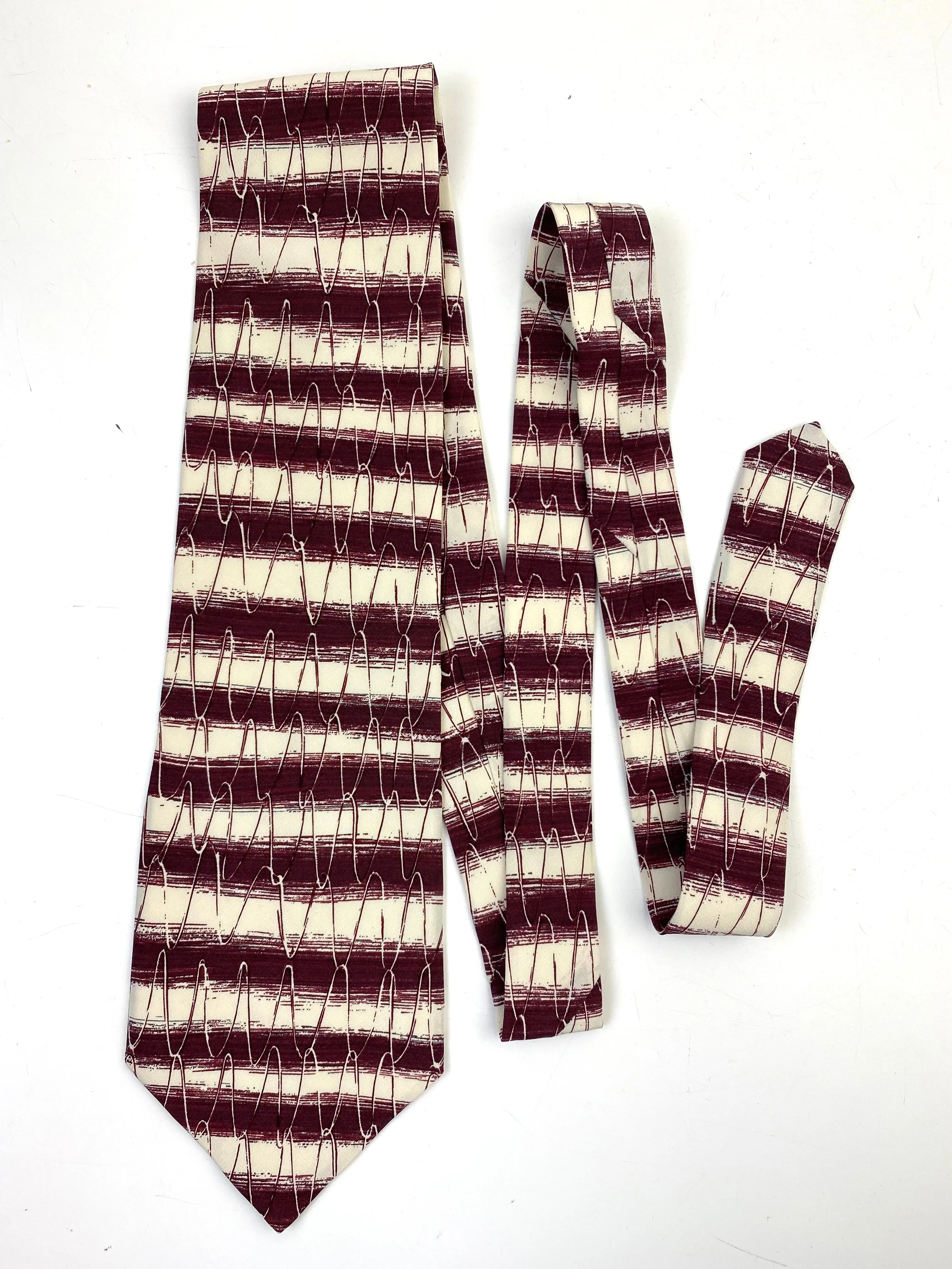 90s Deadstock Silk Necktie, Men's Vintage Wine/ Cream Horizontal Stripe Pattern Tie, NOS