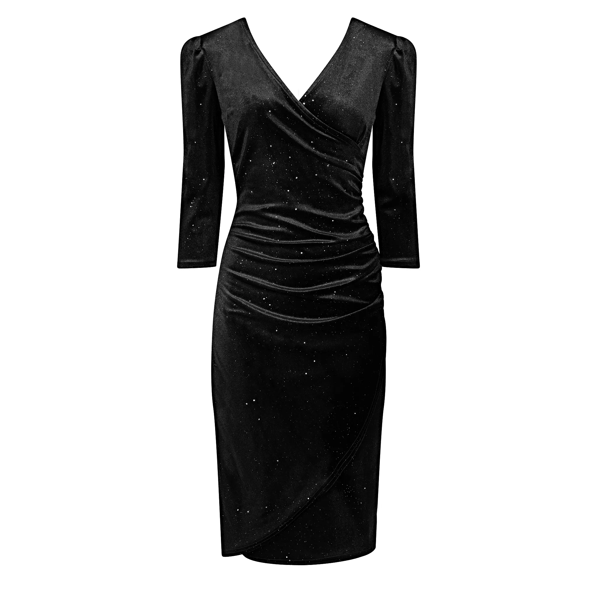 Black Velour Sparkle Wrapover 3/4 Sleeve Midi Dress