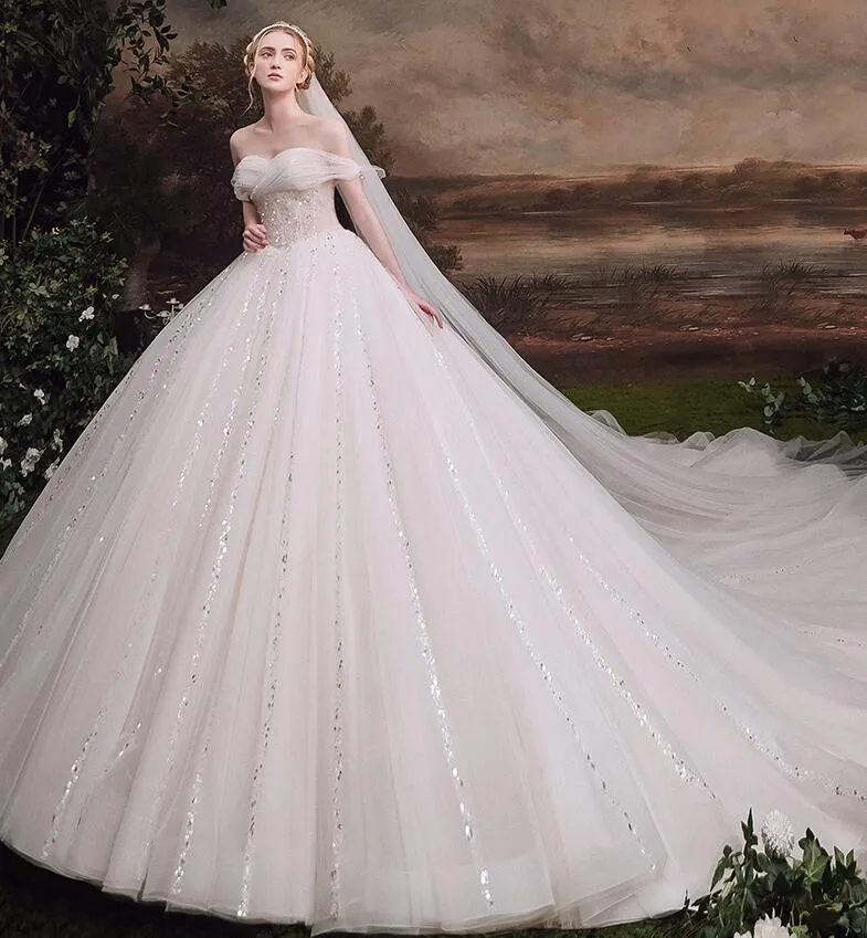 Off Shoulders Cathedral Ball Gown Wedding Dress