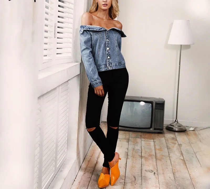 Off the shoulder denim jeans jacket
